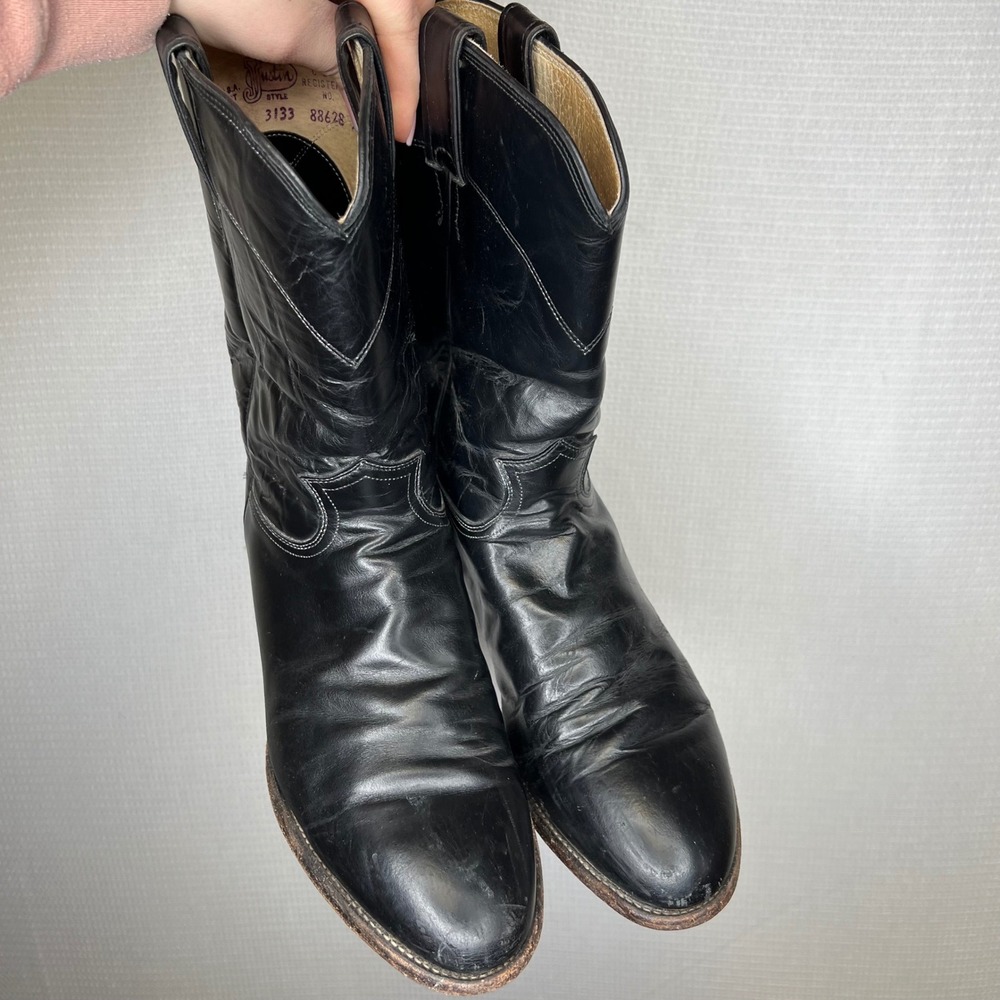 Justin Mens Black Leather Vintage Western Roper Boot 3133 Made in USA Size 9.5EE - Picture 2 of 7